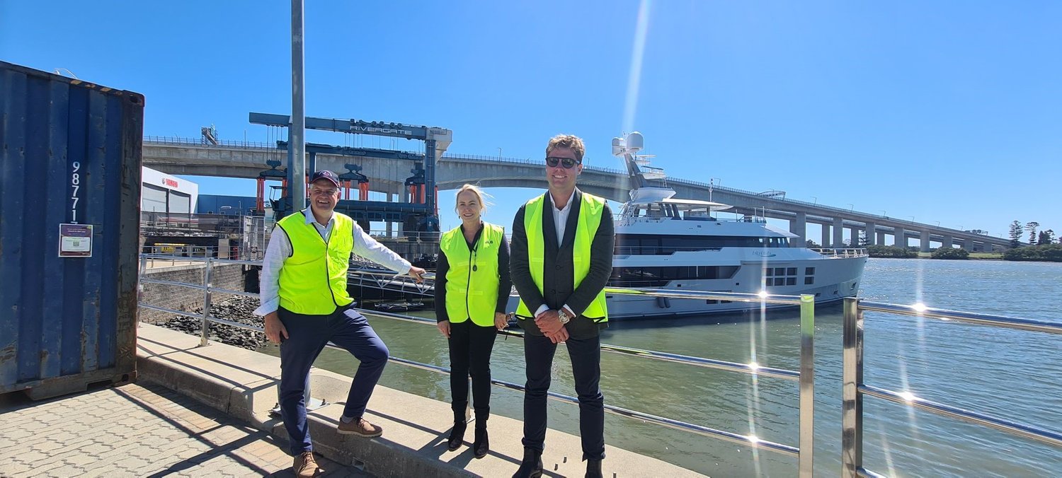 Minister Stirling Hinchliffe, Judy Brinsmead and Tom Hill from Rivergate